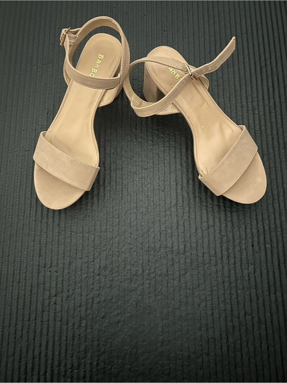BAMBOO Nude Beige Ankle-Strap Block Heel Sandals